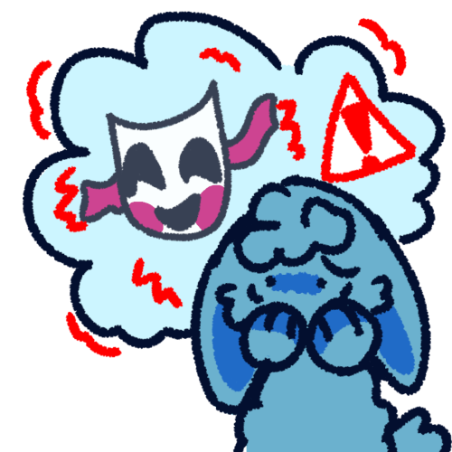 a blue bunny looking terrified. Behind it is a light blue thought bubble with a white comedy mask with dark magenta ribbons inside. Surrounding the mask and thought bubble are red squiggly lines, and next to the web is a red and white caution sign